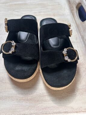 Stuart Weitzman black suede Crystal Ring espadrille flat slide sandals